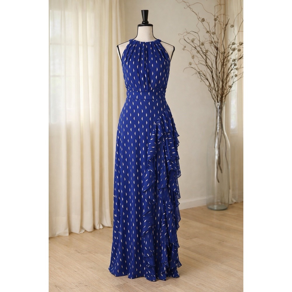 Betsy & Adam "Karina" Ruffle Metallic Chiffon Gown Dress Blue Gold Size 6 NWT
